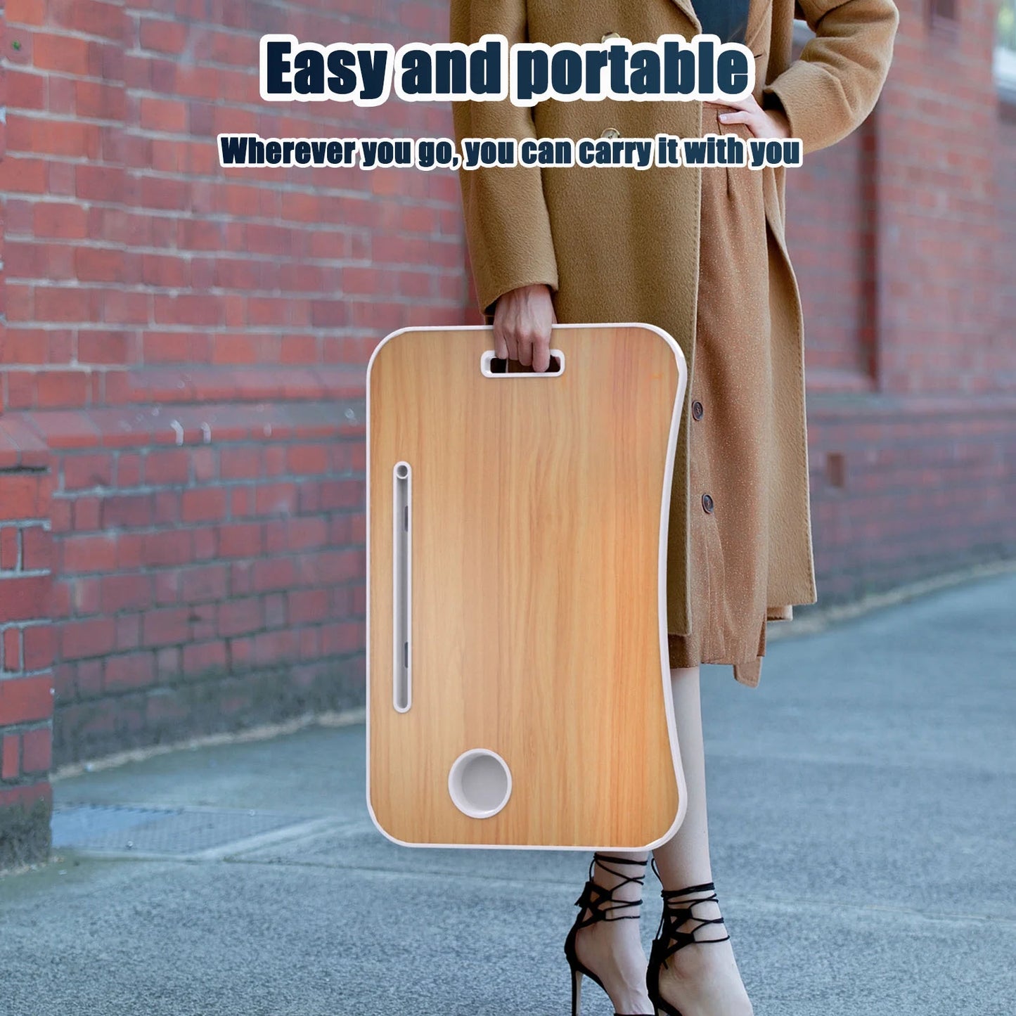 Foldable Laptop Desk, Portable Laptop Table, Bed Table Tray, Laptop Stand with Cup Holder and Tablet Slot and Lifting Handle for Writing, Painting and Eating (Wood)