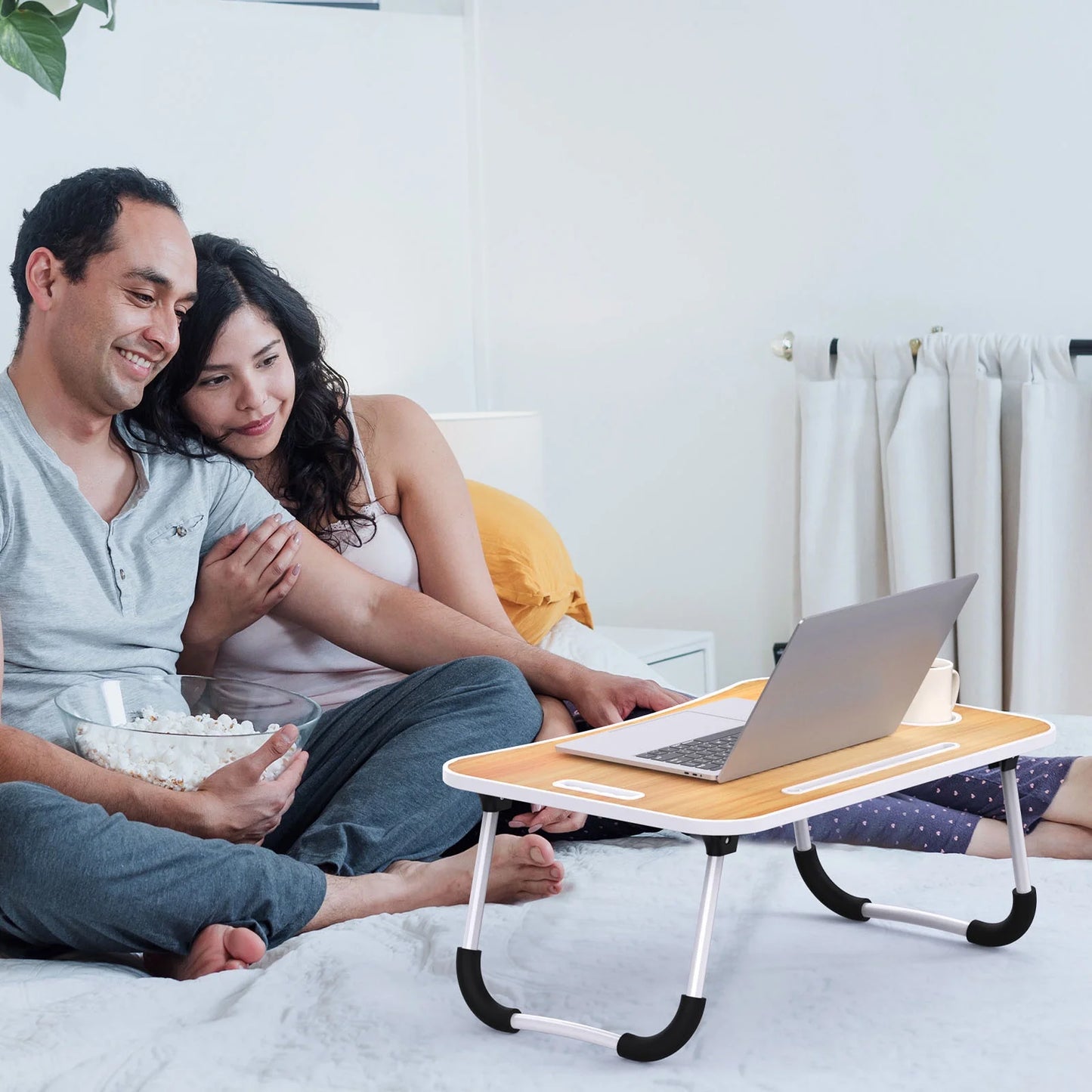 Foldable Laptop Desk, Portable Laptop Table, Bed Table Tray, Laptop Stand with Cup Holder and Tablet Slot and Lifting Handle for Writing, Painting and Eating (Wood)